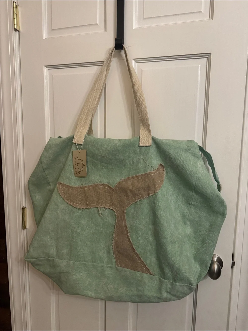 Large Canvas Whale-Tail Tote Bag in Sage and Tan.